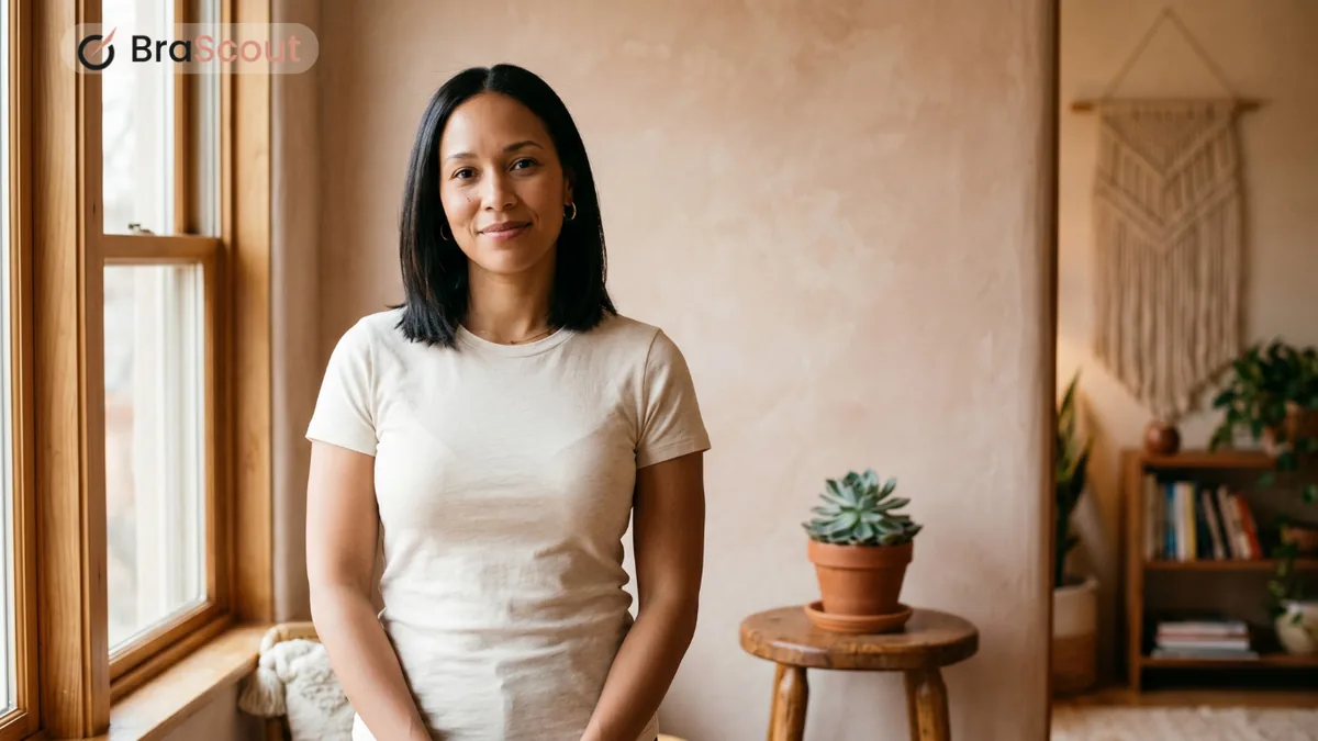Smiling woman in a fitted white t-shirt standing in a warm, sunlit bedroom.