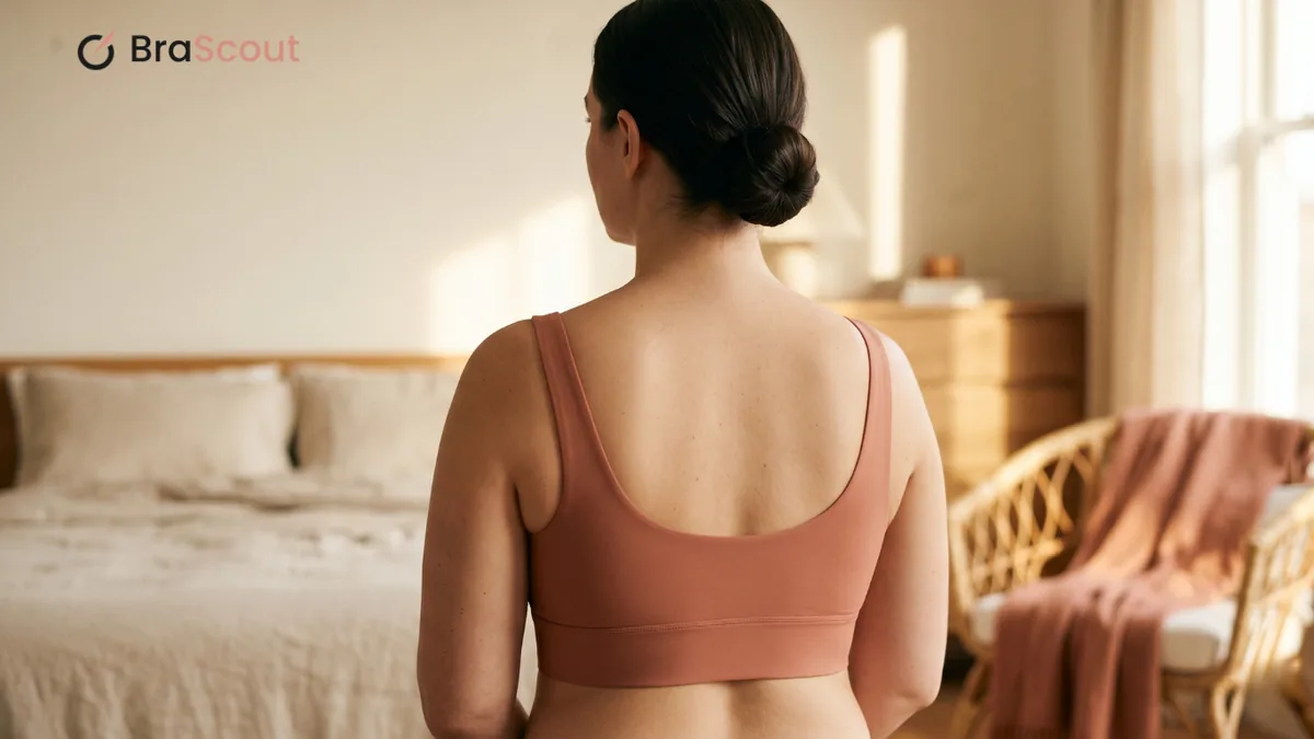 Woman photographed from behind in a smooth taupe bra, showing a clean band line across her back.