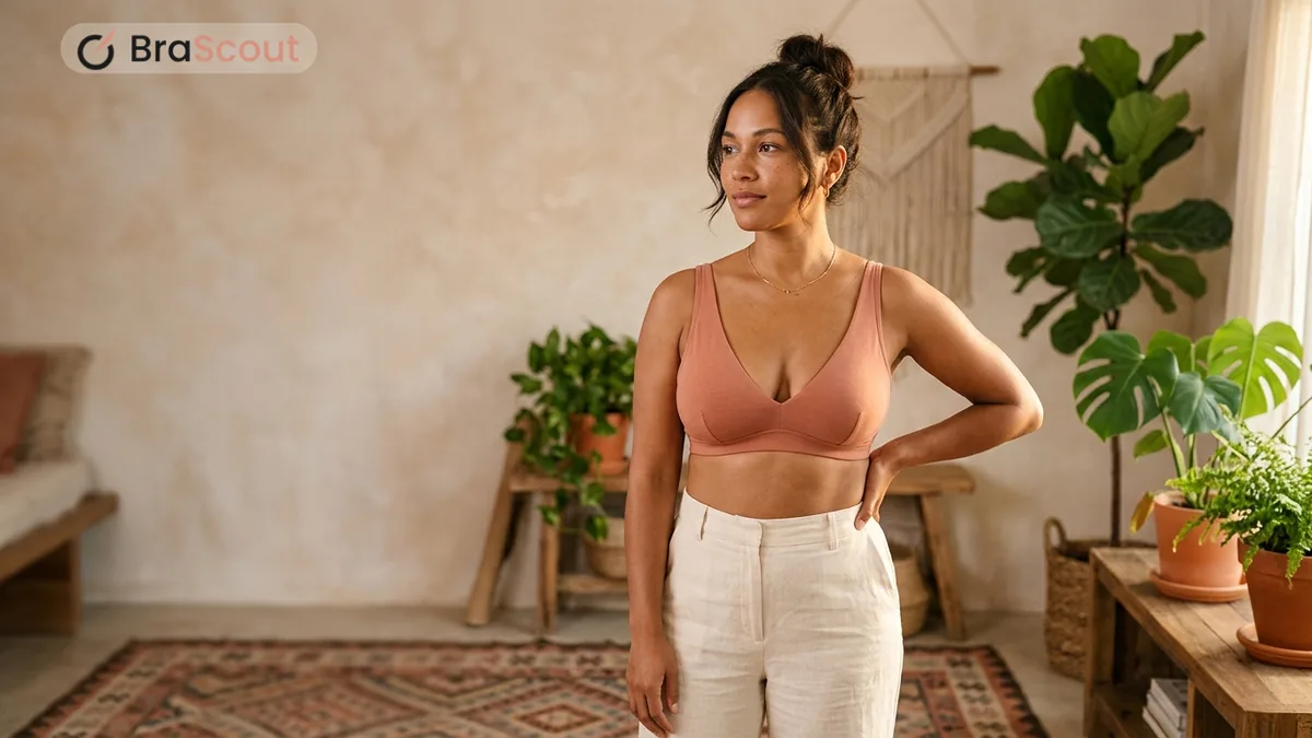 Woman standing with a hand on her hip in a coral bra and white trousers beside a houseplant.