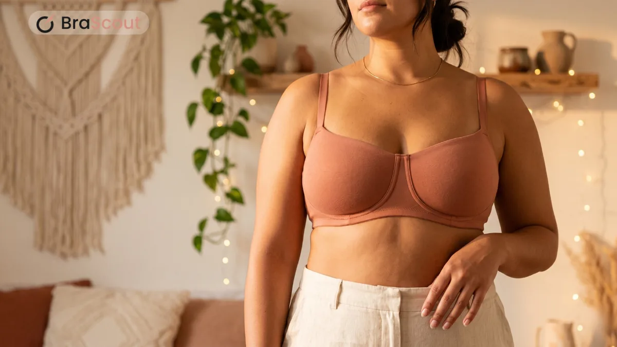 Woman in a terracotta bra standing in front of a macramé wall hanging.