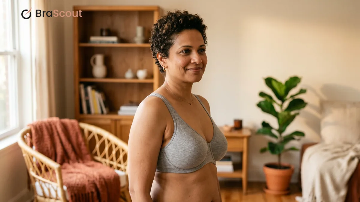 Woman with curly hair in a grey bra seated in a rattan chair in a warm living room.