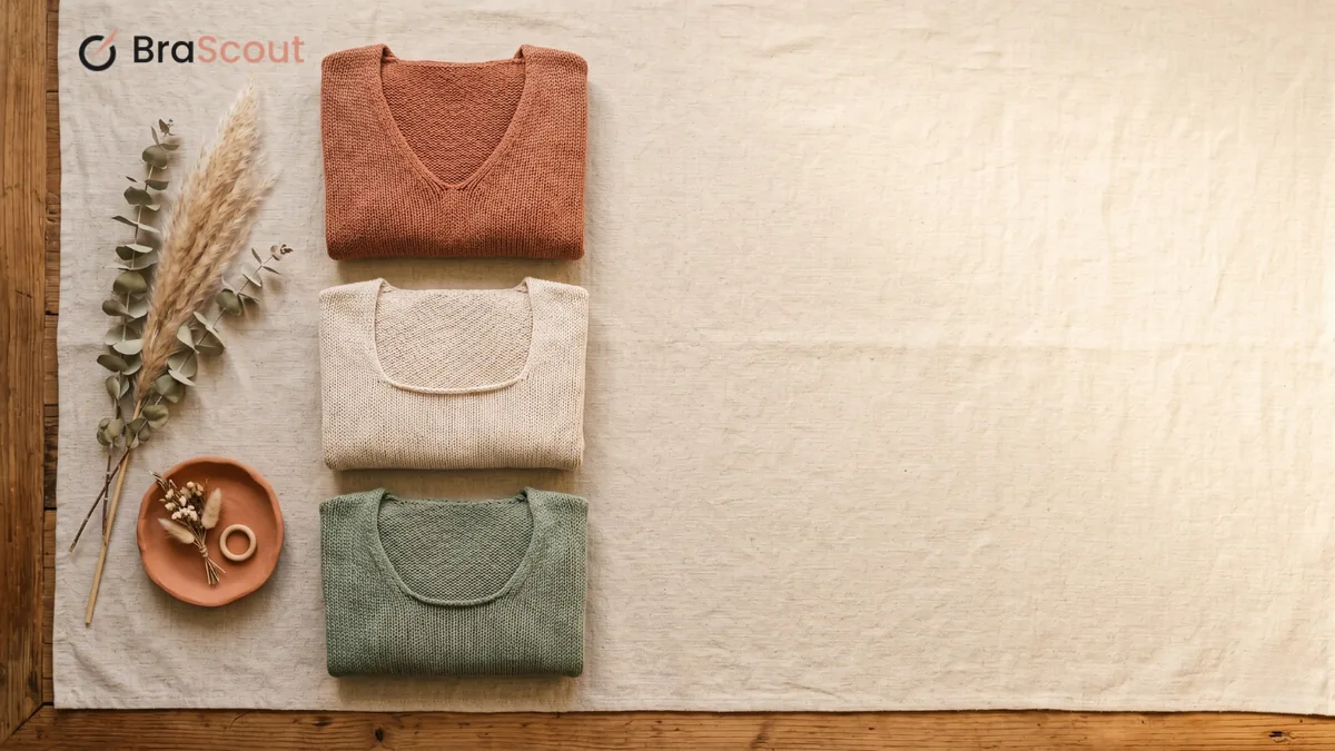 Flat-lay of folded tops and bras in terracotta, cream and sage on a textured surface with dried flowers.