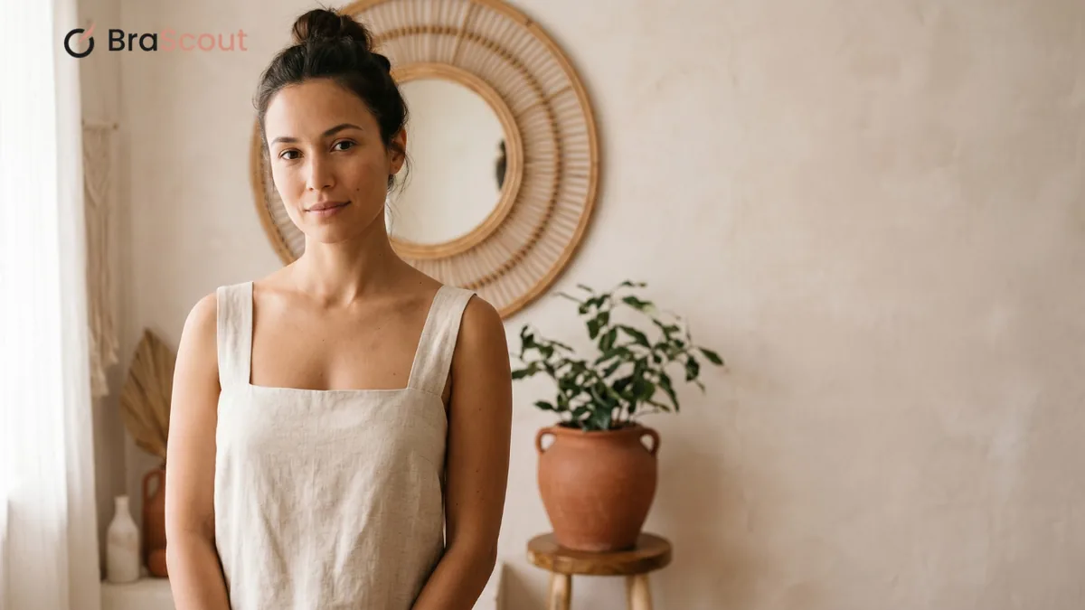 Woman in a cream square-neck bra standing beside a round mirror and a houseplant.