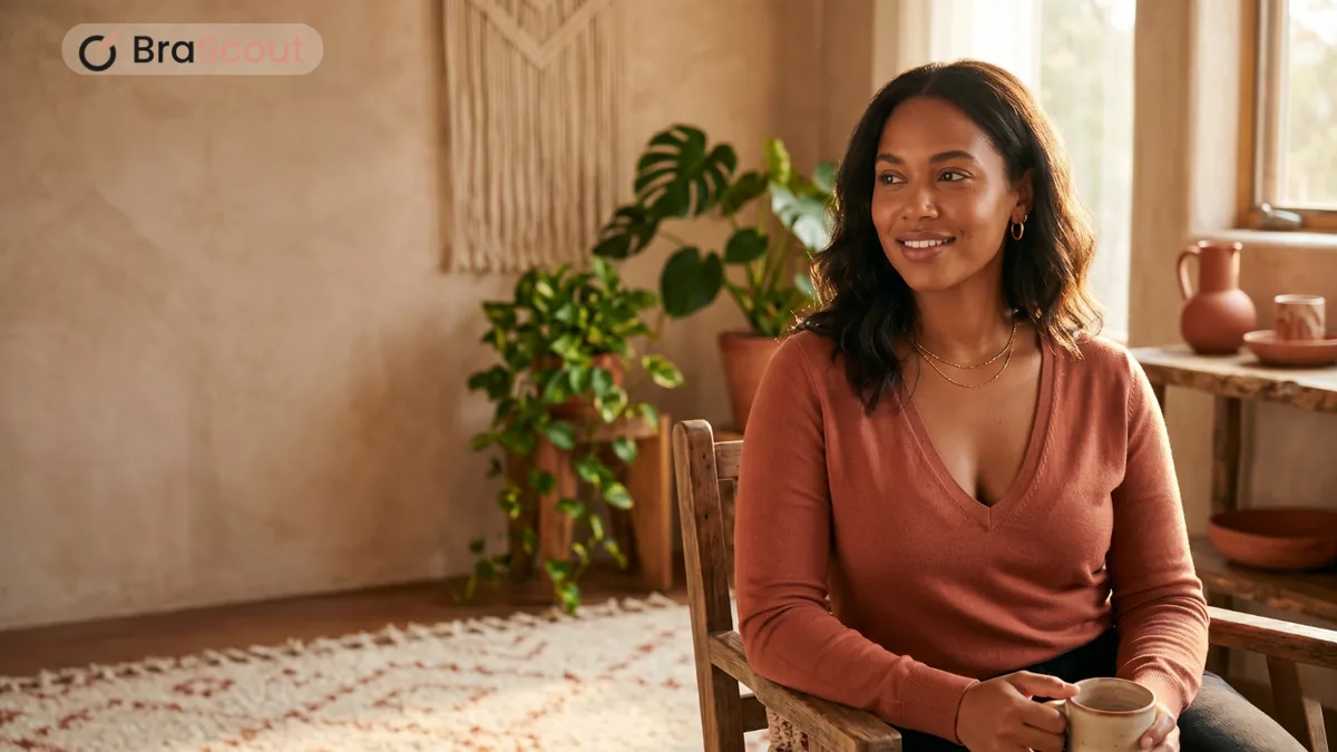 Smiling woman with dark hair in a rust V-neck top seated in a sunlit room with a plant behind her.