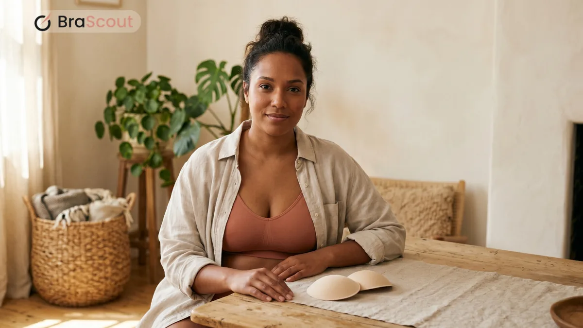 Smiling woman in an open beige robe over a bra, seated at a table in warm light.