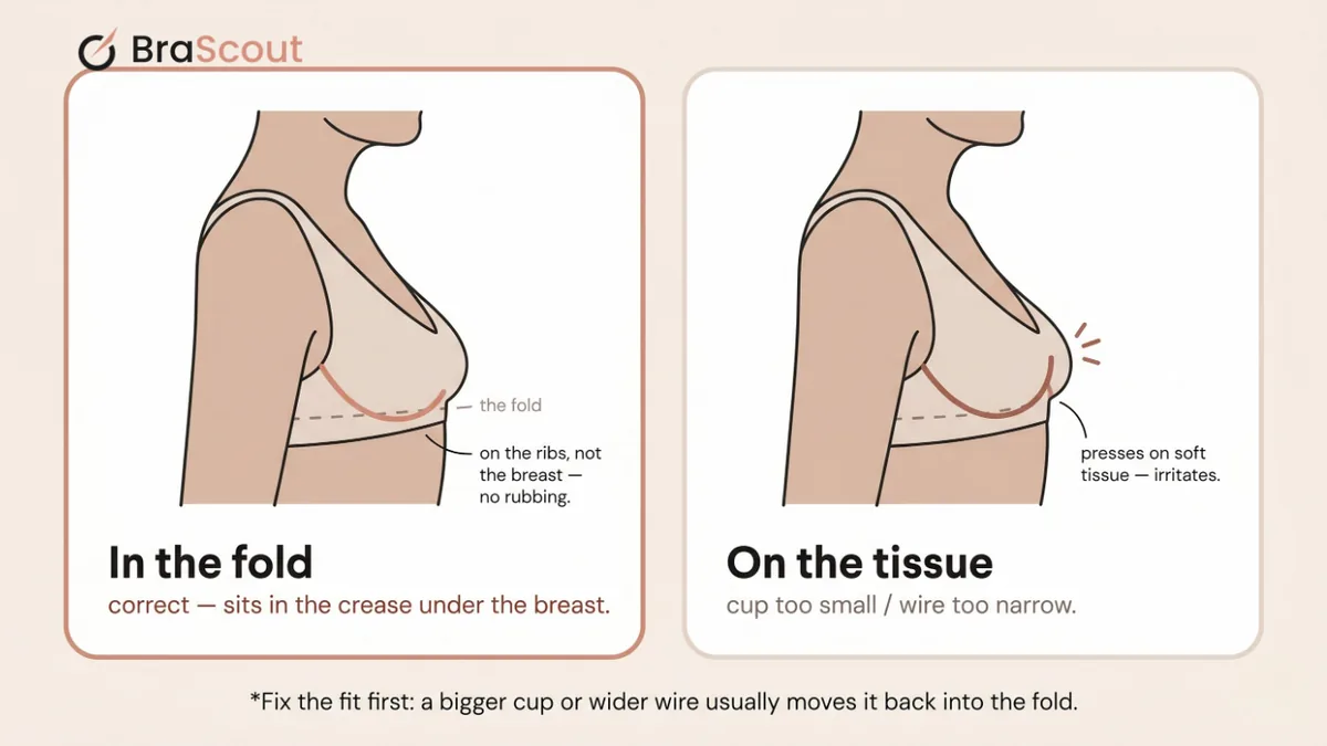 Diagram showing an underwire correctly seated in the fold beneath the breast versus riding up onto breast tissue.