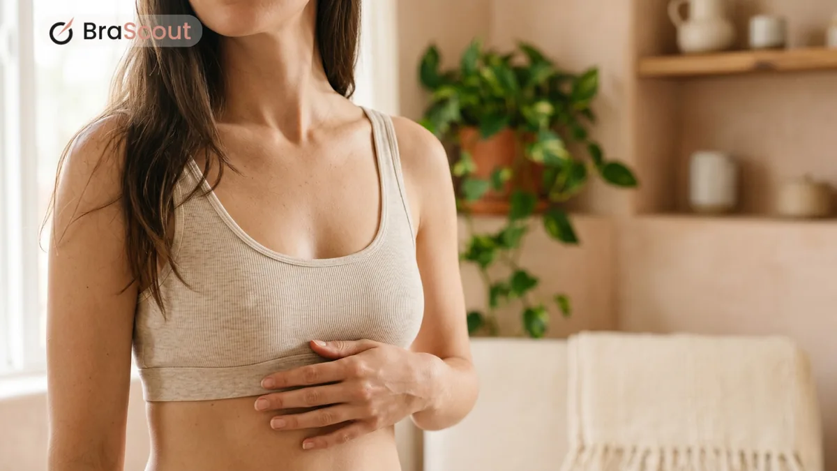 Close, soft-focus image of a woman in a plain cotton bralette in calm natural light, hand resting gently at the band.