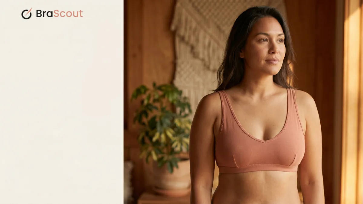 Woman with dark hair in a terracotta bra standing beside a houseplant against a neutral wall.