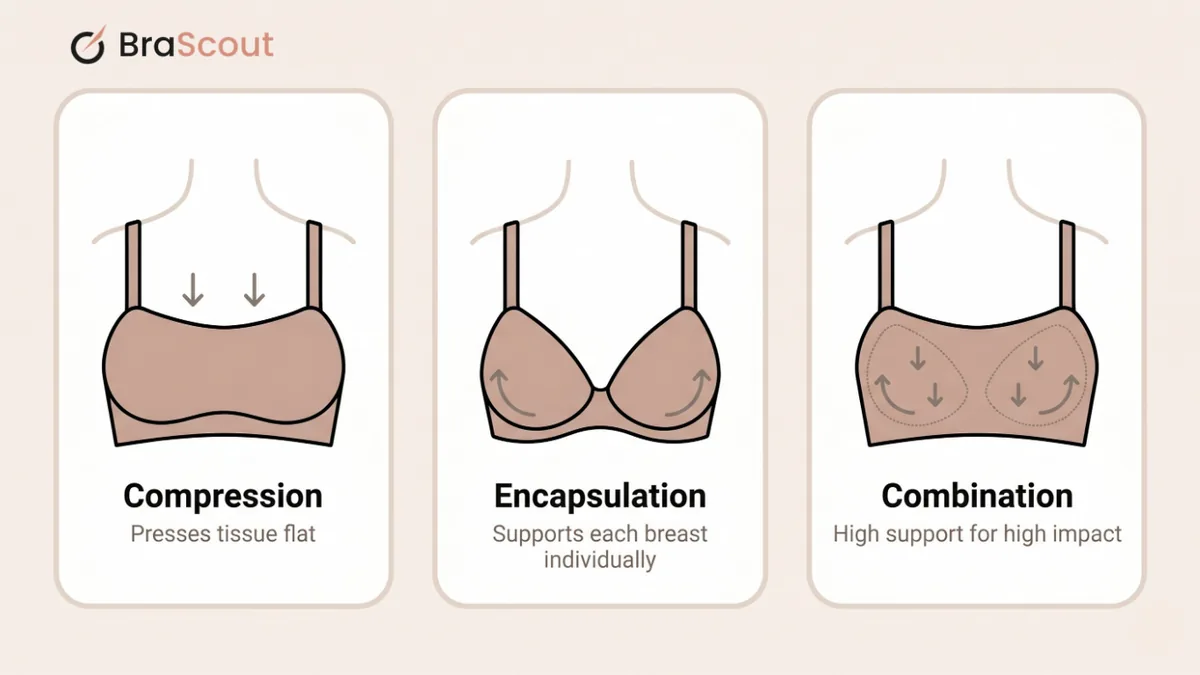 Diagram comparing compression, encapsulation, and combination support in sports bras.
