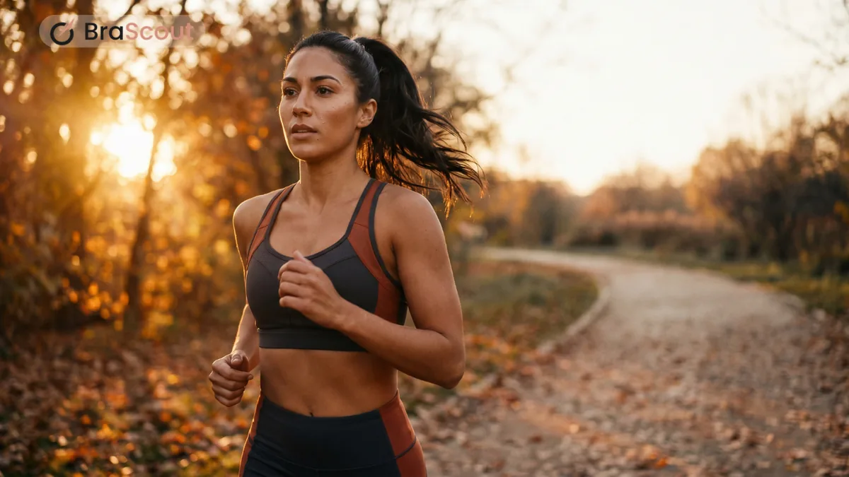 Woman jogging on a sunlit park path in a structured black high-impact sports bra and leggings.