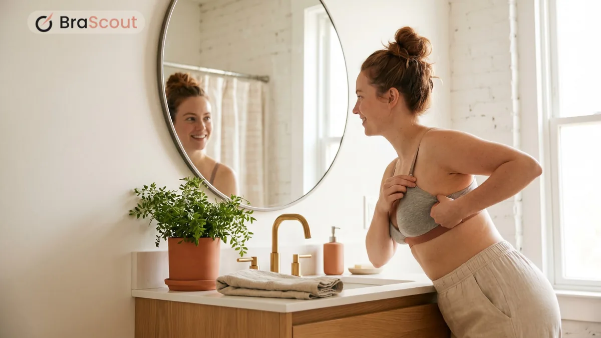 Woman in a beige bra checking her fit at a mirrored vanity with a plant.