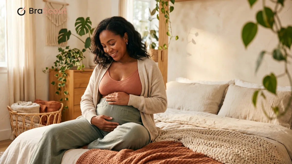 Pregnant woman in soft loungewear and a wireless bra, hands resting on her bump, warm natural light.