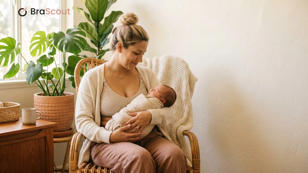 New mother in a soft nursing bra and loungewear cradling her baby in a calm, sunlit room.