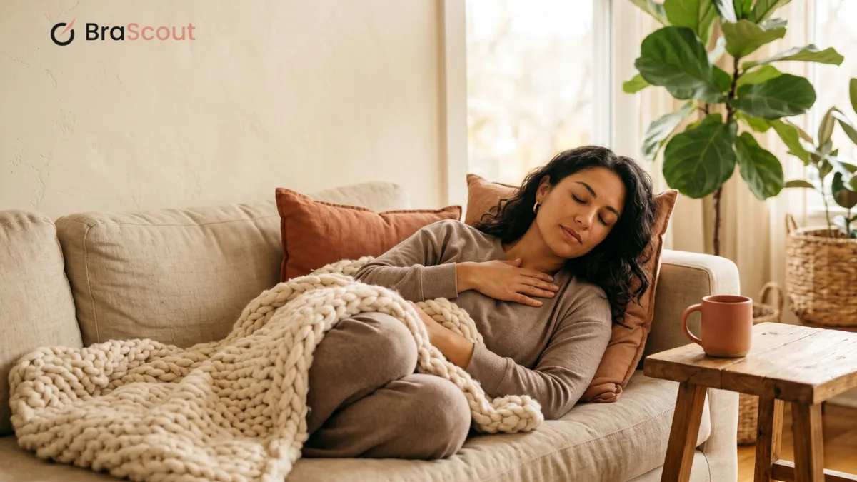 Woman in soft loungewear curled on a sofa with a hot water bottle held to her chest, warm calm light.