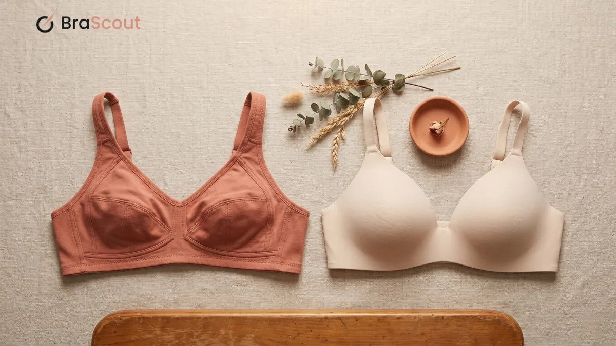A terracotta seamed bra and a cream molded bra side by side on a neutral surface with eucalyptus.
