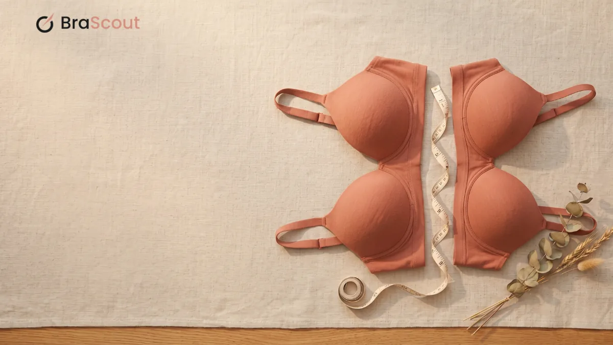 Flat-lay of two terracotta bras on a neutral surface with a dried botanical sprig.