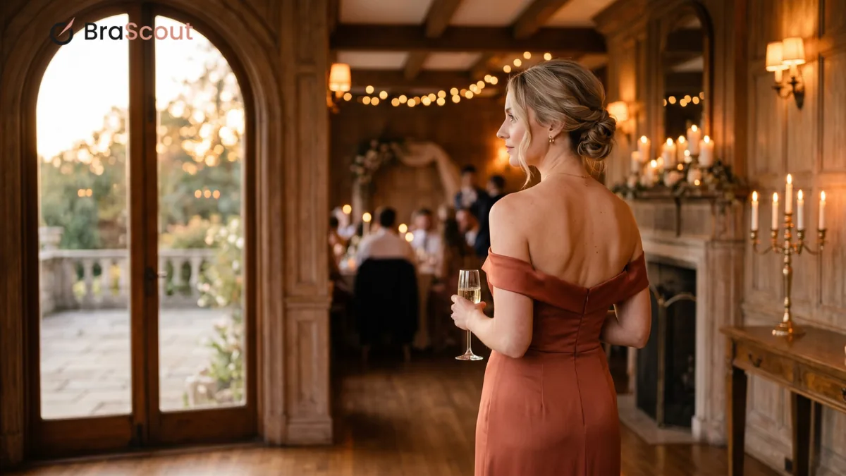 Woman in a long terracotta strapless dress standing in a warm, candlelit room.