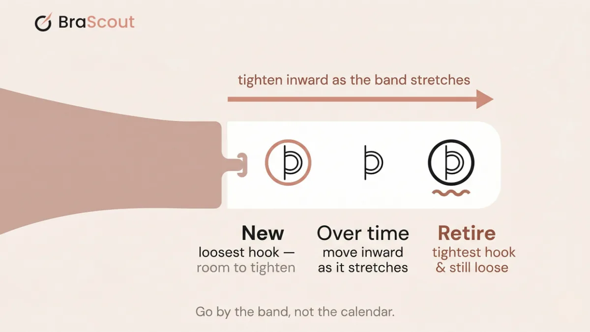 Diagram of a bra band's hook lifecycle: new on the loosest hook, tightened inward over time, retired when the tightest hook no longer grips.