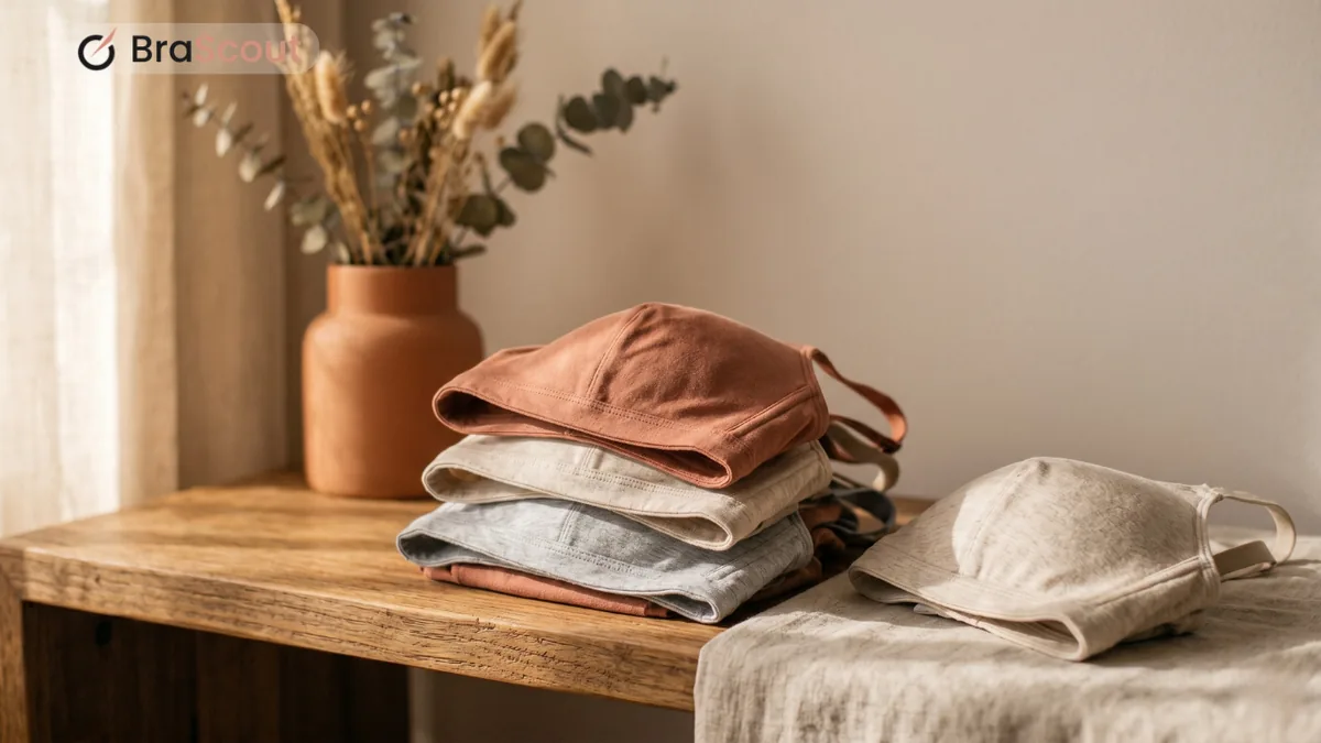 A small stack of folded everyday bras on a bedroom shelf in soft natural light, one set slightly apart.